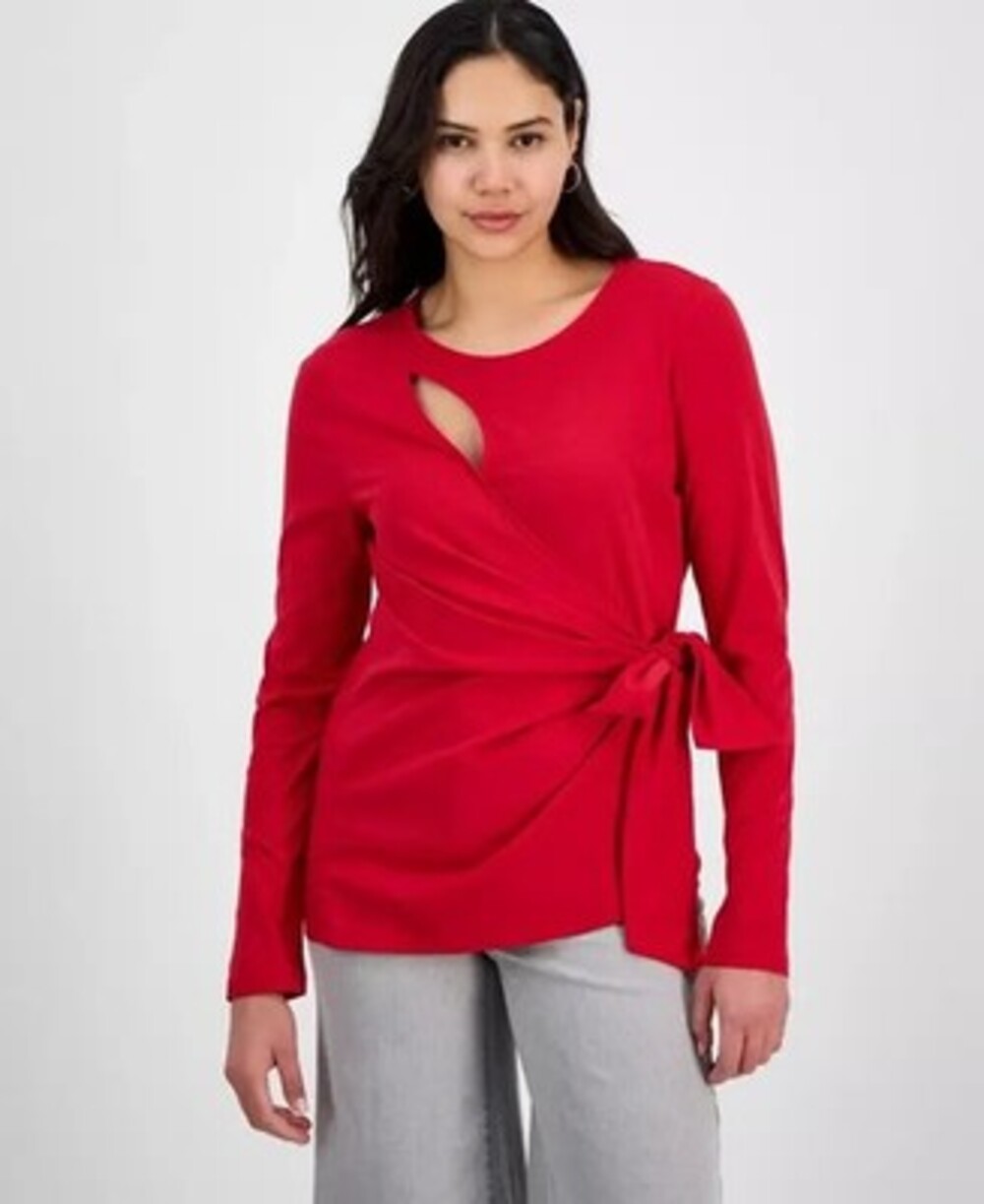 I.N.C. International Concepts Long Sleeve Faux-Wrap Top Women's S Red Pullover